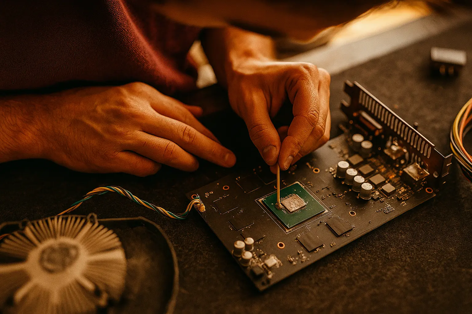 Riparazione di una scheda madre nel laboratorio AC Computers di Firenze